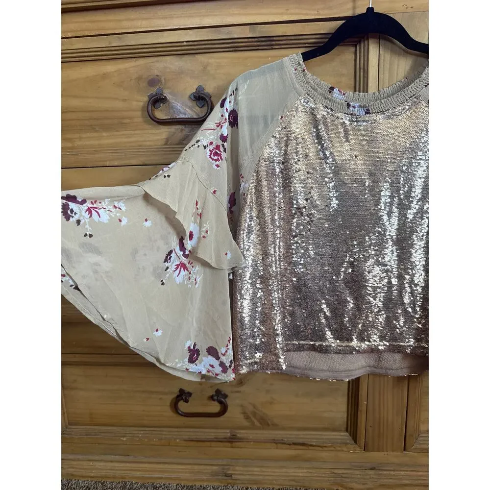 Free People Shimmy Shake Floral Sequin Top‎ In Champagne XS